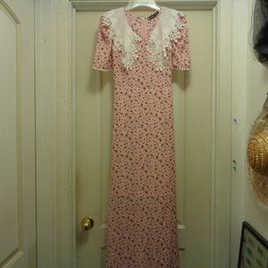 ROMANCE GIRL COQUETTE SHEIN PINK FLOWERS MAXI DRESS W LACE COLLAR S